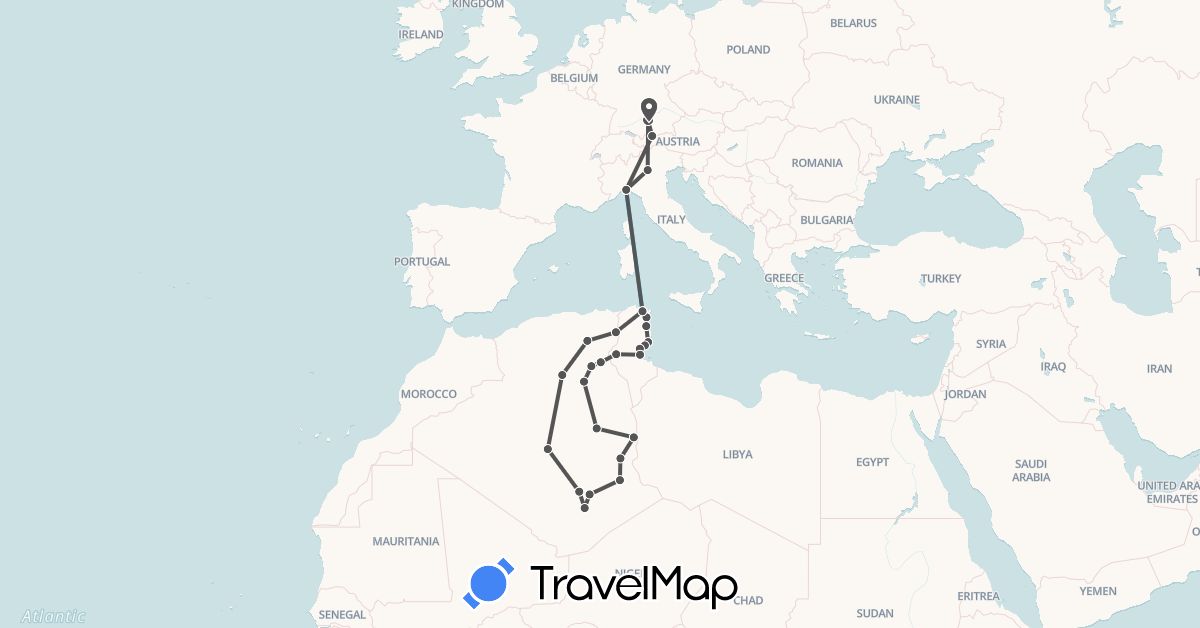 TravelMap itinerary: driving, boat, motorbike in Germany, Algeria, Italy, Tunisia (Africa, Europe)