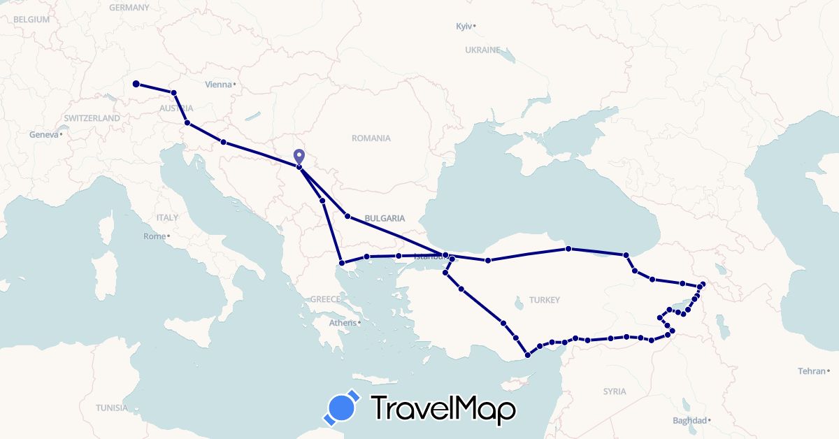 TravelMap itinerary: driving in Austria, Bulgaria, Germany, Greece, Croatia, Serbia, Turkey (Asia, Europe)