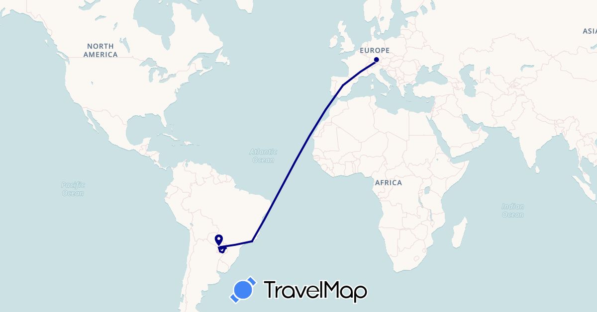 TravelMap itinerary: driving in Argentina, Brazil, Germany, Spain, Paraguay (Europe, South America)