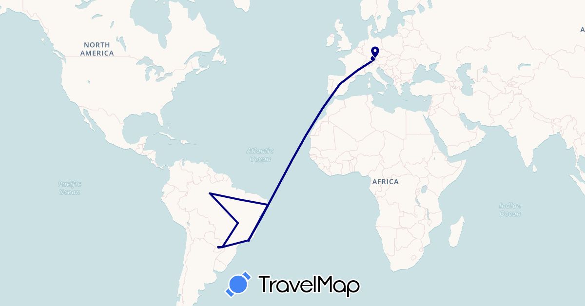 TravelMap itinerary: driving in Brazil, Germany, Spain, Paraguay (Europe, South America)